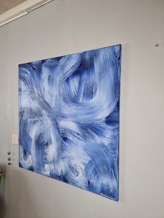 Image 1 of Contemporary abstract modern blue painting hand-painted 100x100 cm