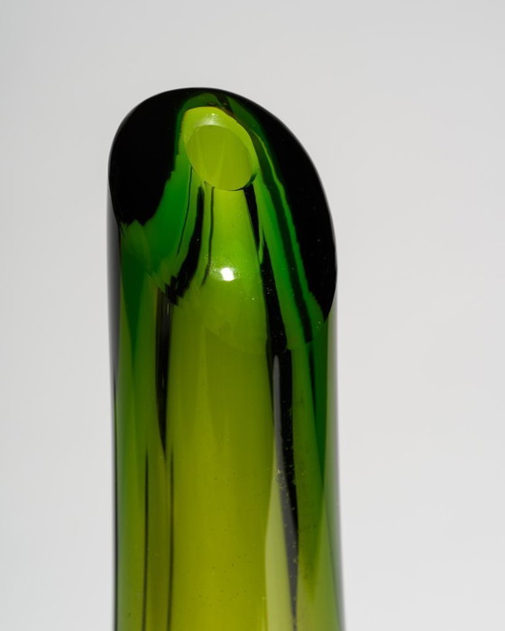 Image 1 of WMF Glass Vase Trio by Erich Jachmann – Sculptural Gradient Forms in Green & Amber, Germany, 1950s