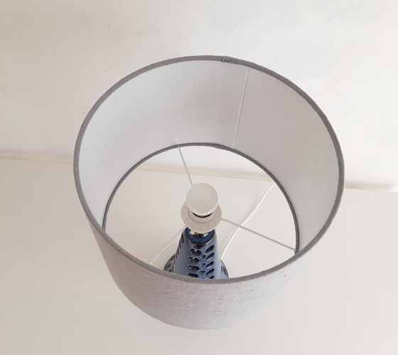 Image 1 of Beautiful Table Lamp With Blue Vintage Lamp Base By Michael Andersen, Scandinavian Design And Handmade Gray Blue Lampshade