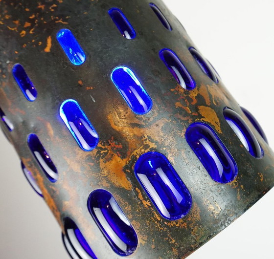 Image 1 of Lámpara colgante moderna de mediados de siglo en cobre flameado y vidrio azul, década de 1960