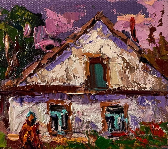 Image 1 of Original Oil Painting Rural Evening Landscape Pink Sunset Over The Village