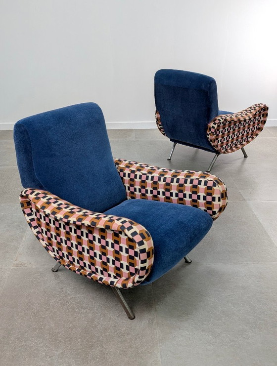 Image 1 of Paire de fauteuils Lady en velours bleu Hermès, Marco Zanuso, Italie, années 1950