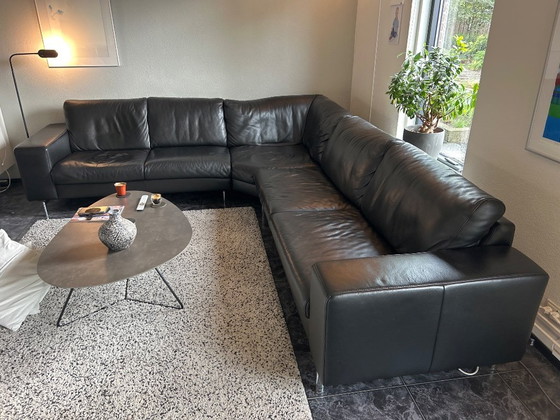 Image 1 of Black leather Topform lounge corner sofa