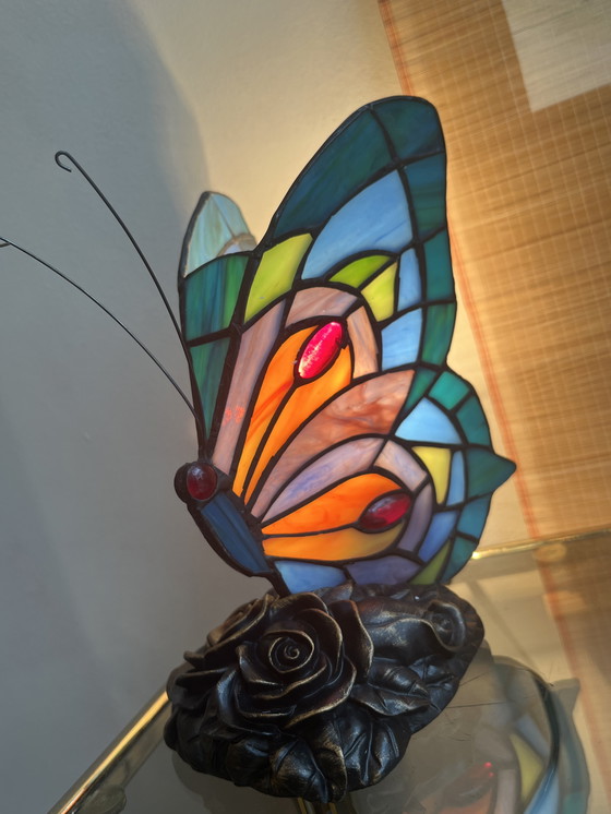 Image 1 of Set Of 2 Stained Glass Table Lamps Butterfly Lamps