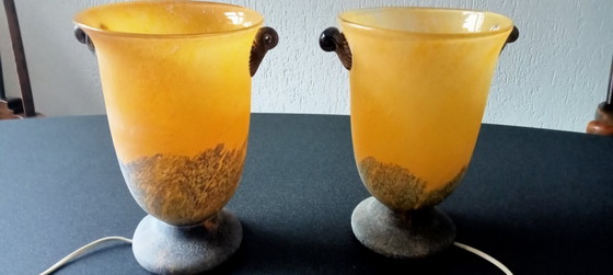 Image 1 of Lot de 2 lampes coupe en verre de Murano aux couleurs chaudes de l'automne ocre jaune vert