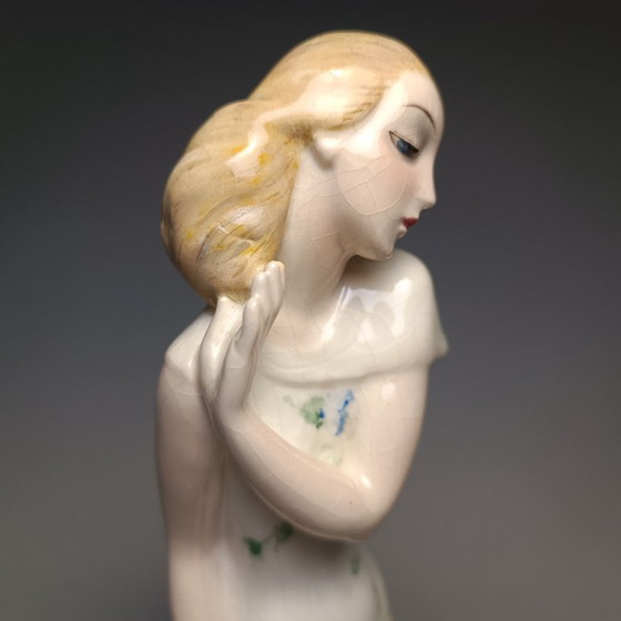 Goldscheider - Claire Weiss - Skulptur, Art Deco Dame im langen Kleid - 28,5 cm - Porzellan (photo 29 of 35)