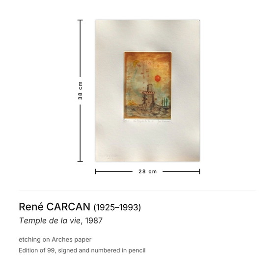 René Carcan ondertekende ets Temple De La Vie 1987 – Litho's & Zeefdrukken, Paper (photo 3 of 5)