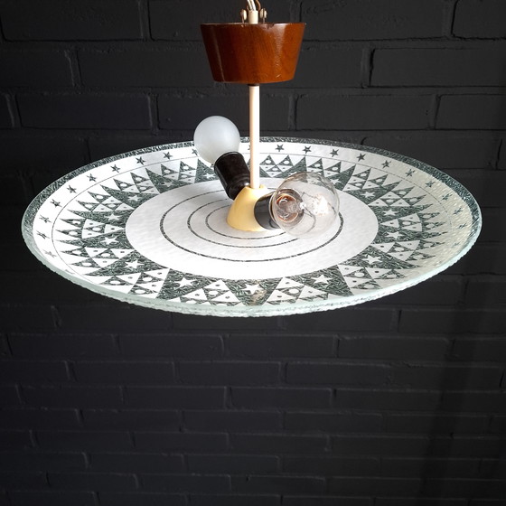 Image 1 of Vintage schaal plafondlamp jaren 50 glas/teakhout