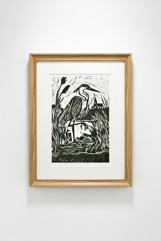 Grabado en linóleo de garza | Arte mural de aves | Arte neerlandés | Tinta verde | A3