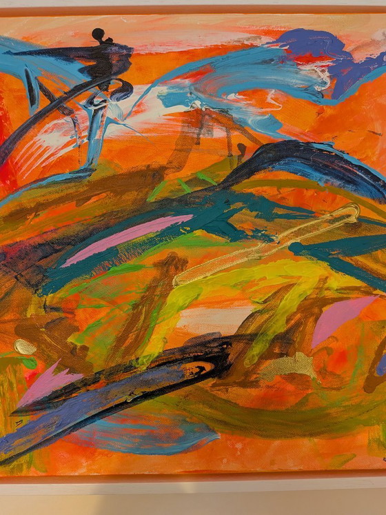 Image 1 of Nigel Waters, Scorhill, paysage semi-abstrait du Dartmoor aux couleurs fauves, peinture acrylique sur toile encadrée, 43 x 43 cm