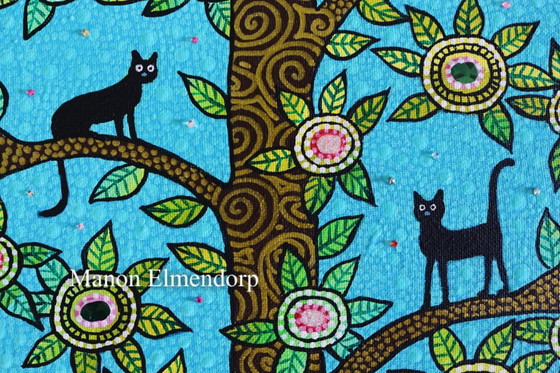 Image 1 of Cuadro único pintado a mano Gatos en el árbol 30x18 cm