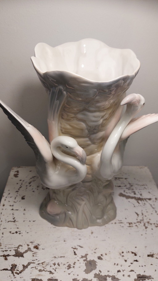 Grand vase vintage en porcelaine avec flamants roses