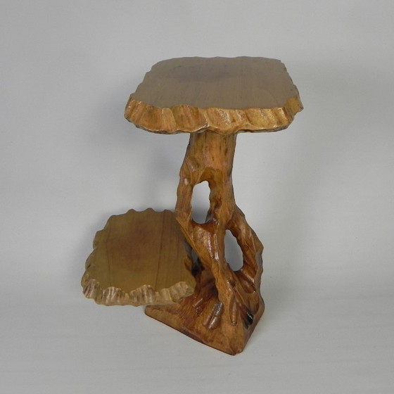 Image 1 of Plantentafel met 2 plateaus, vintage houtsnijwerk, VS jaren 50