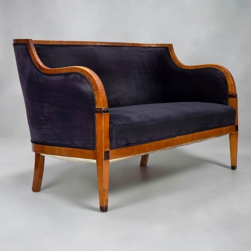 1950s, Danish art deco 2-seater sofa, ash wood, furniture velour.