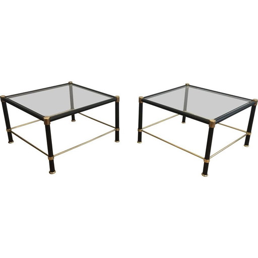 Paire de bouts de canapé vintage en laiton carré avec gaines en cuir noir, 1970