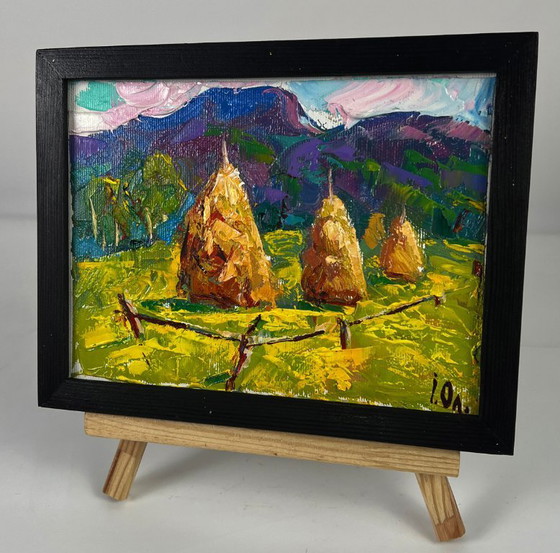 Image 1 of Original Oil Painting Nature Landscape Hills Mowed Hay in the Field