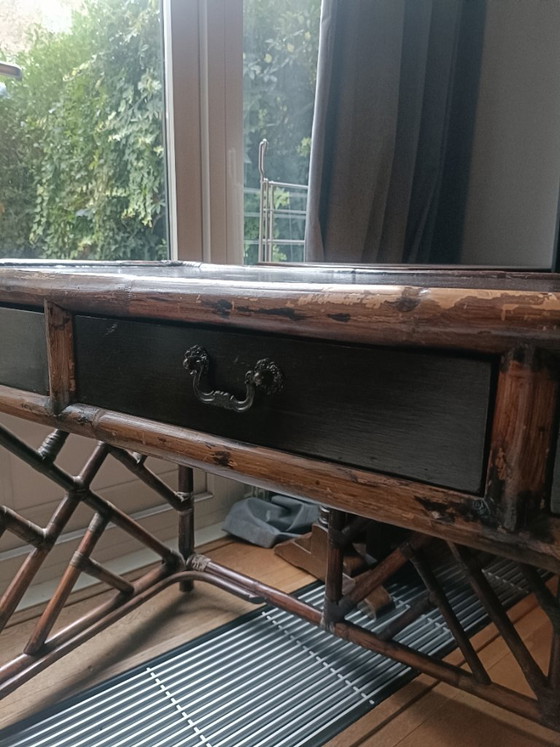 Characterful vintage bamboo-style Desk with three drawers, Brown (photo 2 of 9)