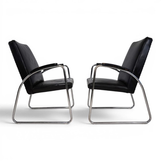 Image 1 of Set van 2 Bauhaus Streamline leren fauteuils met buisvormig stalen frame, 1930