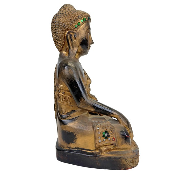 Birmaans verguld houten Boeddha met glasinleg – Mandalay-stijl Myanmar – Beeldhouwkunst, Wood, Gold (photo 3 of 11)