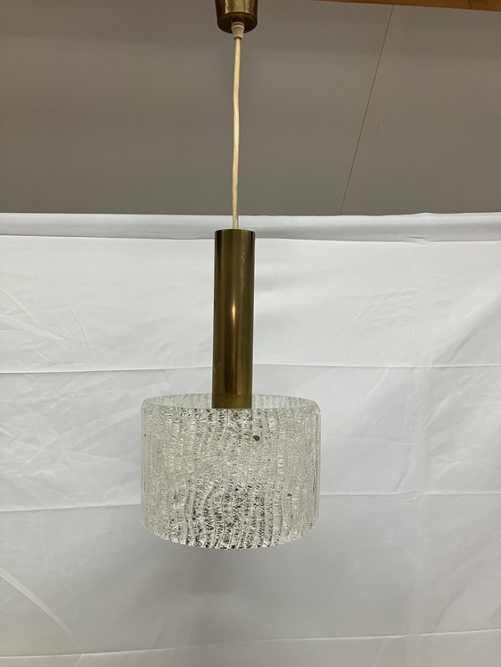 Image 1 of Vintage pendant lamp brass and thick ice glass J.T. Kalmar 1950/60