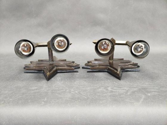 Image 1 of Pair of Czech Cubist Brass Wall Lights, Czechoslovakia, 1920s