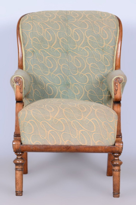 Fauteuil Biedermeier restauré, noyer, épicéa, hêtre, République tchèque, années 1830 – Textile, Wood (photo 13 of 13)