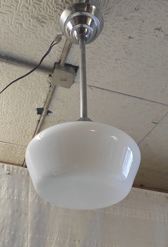 Image 1 of Bauhaus pendant light in metal and opaline glass globe - mid-20th century