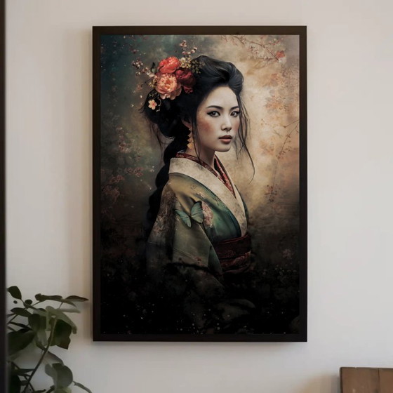 Stampa artistica di una donna giapponese, Stampe artistiche, Carta, Verde, Aziatisch (foto 5 di 5)