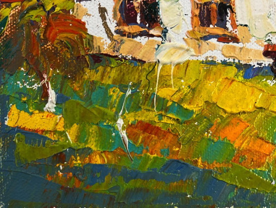 Image 1 of Original Oil Painting Village Day Landscape Light dances on every blade of grass