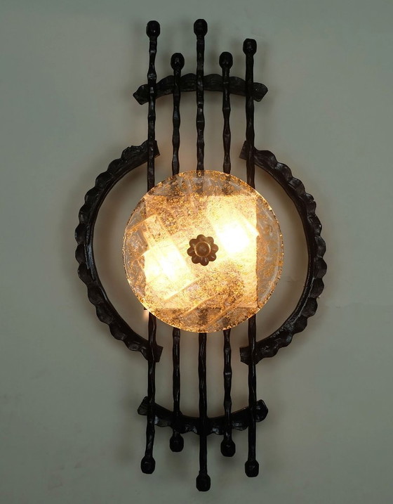 Image 1 of mid century brutalist style wrought iron and glass wall lamp sconce 1960s 1970s