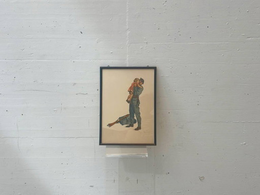 Illustrazione storica di un soldato con un bambino, donazione nazionale svizzera, successiva al 1918.