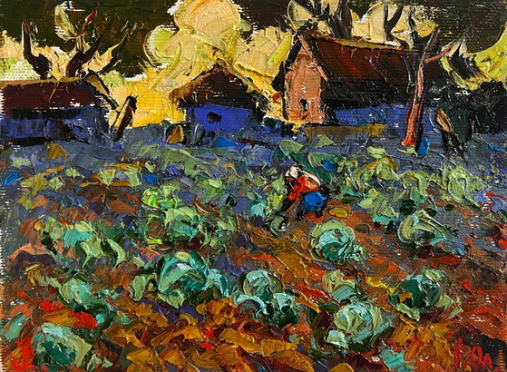 Image 1 of Original Oil Painting Evening Village Landscape Cabbage is being planted in the garden