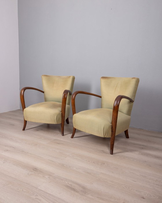 Image 1 of COPPIA DI POLTRONE VINTAGE ANNI '40 IN LEGNO E TESSUTO, DESIGN ITALIANO