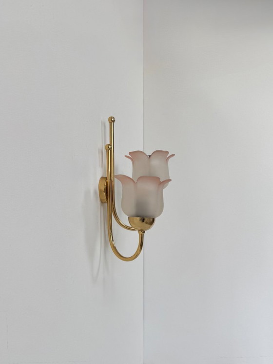 Image 1 of Vintage wall light, brass and pressed molded glass with a sandblasted pink finish, France, 1980