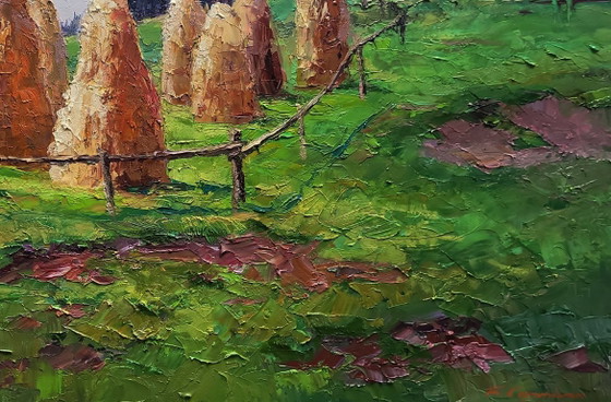 Original Oil Painting Summer Nature Landscape Haystacks in the Mountains – Paintings & Drawings, Canvas (photo 4 of 8)