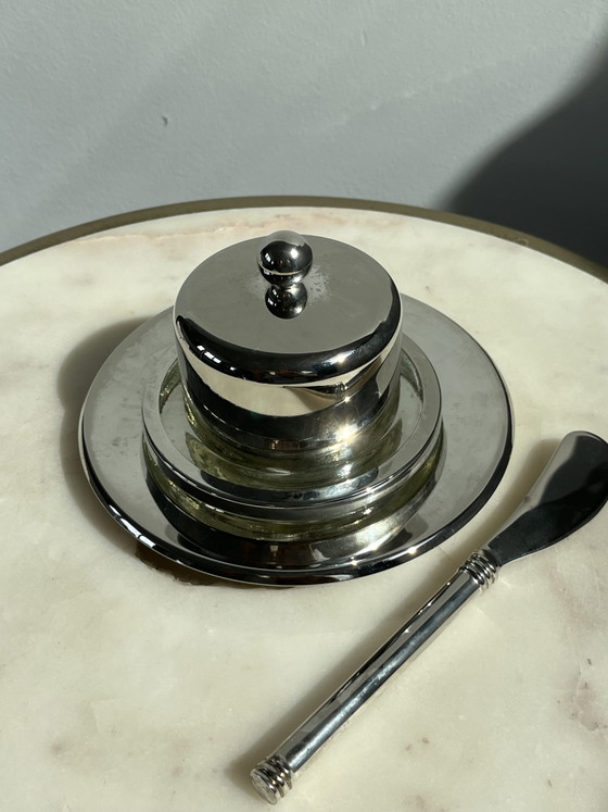 Vintage Hollywood Regency Verzilverde Botervloot Met Mesje – Lion Silver, Tafelaccessoires, Glass, Silver (photo 5 of 6)