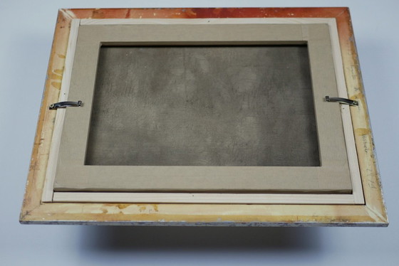 Image 1 of Still life with pink flowers and blue pots.