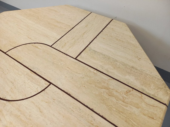 Image 1 of Vintage octagonal travertine coffee table with geometric pattern from the 70s and 80s