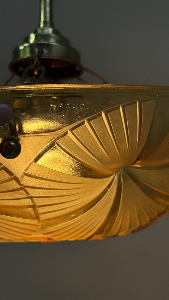 Image 1 of Hubens & Degué ceiling lamp chandelier Art Deco amber colored glass