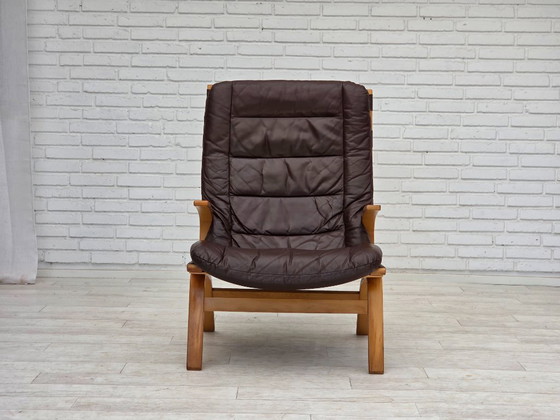 Image 1 of Anni '70, design danese di Farstrup, set di 2 poltrone, mobili in pelle, legno curvato.