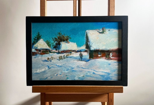 Dipinto ad olio originale Paesaggio di un villaggio innevato Spalare la neve dal cortile