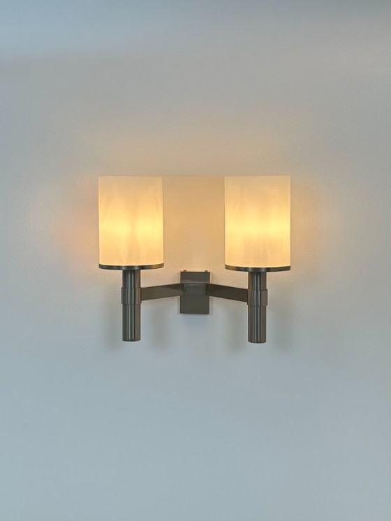 Image 1 of Aplique doble Perzel, modelo 1141, metal y cristal opalino, Francia, 1960