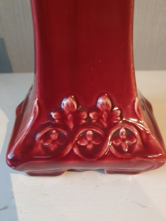 Art Nouveau Vase, French Barbotine (ca. 1900) - No. 2167, Ceramic, Red (photo 6 of 8)
