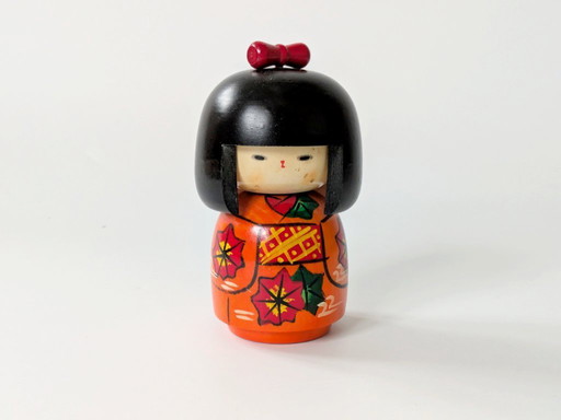 Vintage Japanese Kokeshi Doll | Hand-Painted Wood with Autumn Leaves Decor