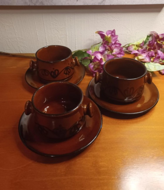 Image 1 of Vintage West-Duitse keramische soepkommen met schotels - Set van 3, jaren 70, mid-century modern, bruin geglazuurde kommen met h