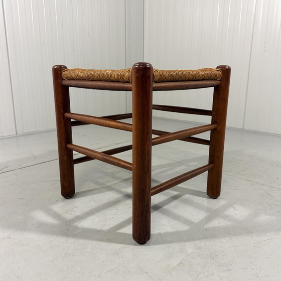 Image 1 of Taburete de roble con asiento de junco, años 50-60.