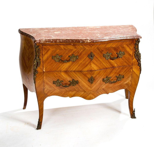 Cómoda curvada estilo Luis XV en marquetería y mármol rojo, Francia, finales del siglo XIX – ladekasten, Wood, Marble