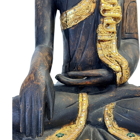 Antique Burmese Buddha with gilding and glass inlay – 50.5 cm – Sculpture, Wood (photo 3 of 11)