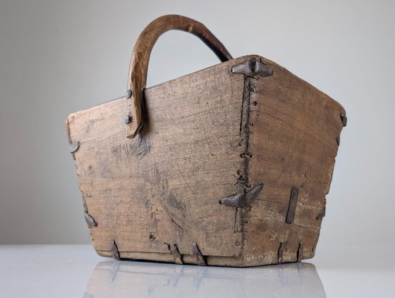 Image 1 of Antique Wooden Log Basket with Hand-Forged Hardware, Wabi-Sabi, 19th Century