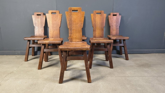 Image 1 of Vintage eikenhouten brutalistische stoelen, jaren 70, set van 6